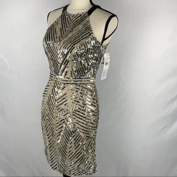 NWT Aidan Mattox Champagne Beaded Cocktail Dress Size Small
